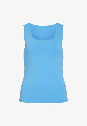 Lyseblå tanktop med firkantet udskæring og brede skulderstropper. Fremstillet i glat stof, har den et tætsiddende design og sømløse kanter.