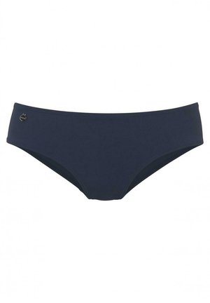Dunkelblaue Bikini-Hosen aus glattem Stoff, mit klassischem Schnitt und dezentem Logo-Detail am Taillenbund.