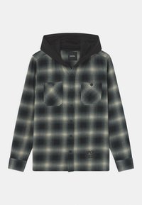 Flannel shirt with black and green plaid pattern, two chest pockets, button closure, and a black hood. Soft texture, long sleeves.