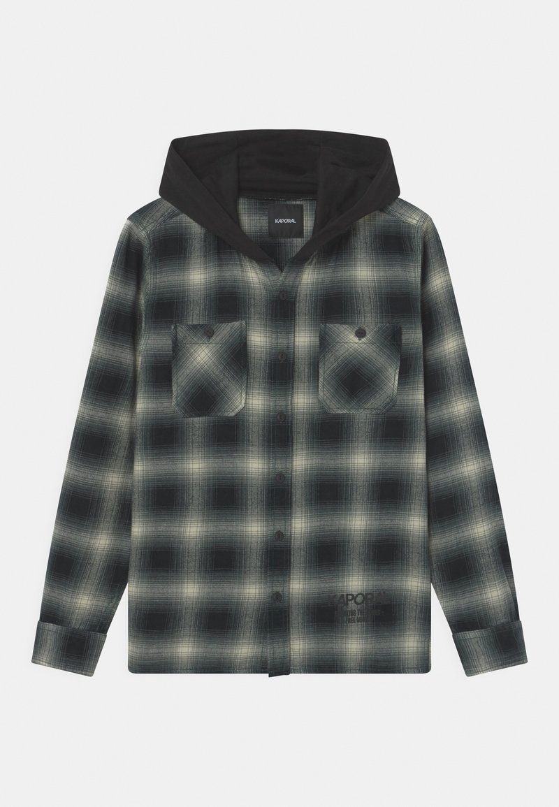 Flannel shirt with black and green plaid pattern, two chest pockets, button closure, and a black hood. Soft texture, long sleeves.