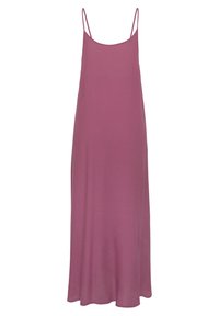 Lange, mouwloze jurk van zacht mauve stof. Kenmerkt zich door dunne bandjes, een losse pasvorm en een vloeiende silhouette met een iets gebogen zoom.