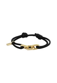 Bracciale in corda intrecciata nera con chiusura a catena dorata intrecciata e nodi regolabili. Piccolo ciondolo con il nome del marchio attaccato.