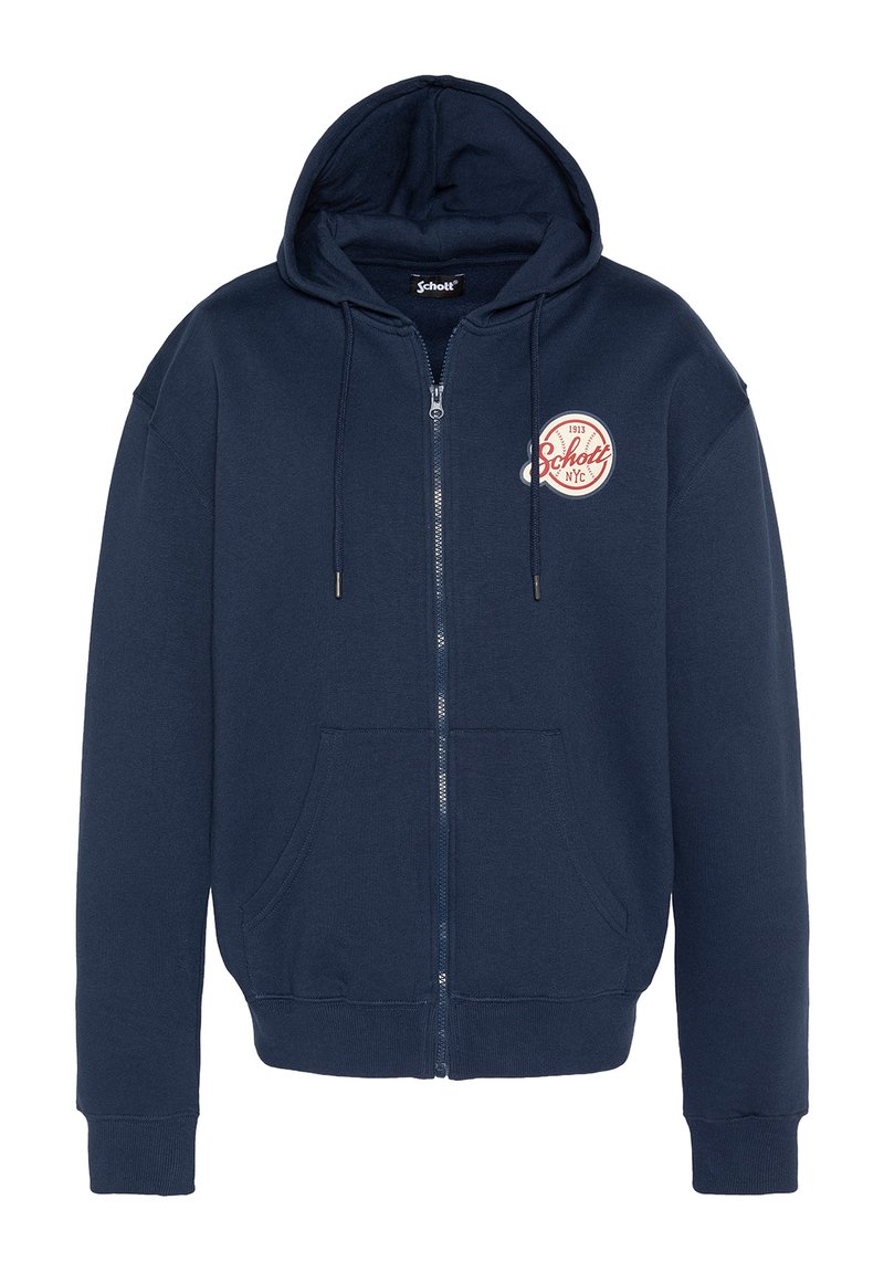 Sudadera con cremallera de color azul marino, hecha de tela suave, que cuenta con un bolsillo tipo canguro, capucha con cordón y un logotipo circular en el lado izquierdo del pecho.