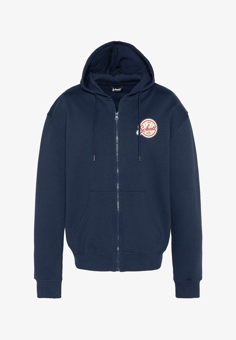 Felpa con zip di colore blu navy, realizzata in tessuto morbido, con tasca a marsupio, cappuccio con cordino e un logo circolare sul petto sinistro.