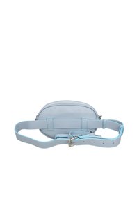 Borsa a tracolla in pelle blu chiaro con forma ovale. Presenta una chiusura con zip, una tracolla regolabile e dettagli di cucitura a contrasto.
