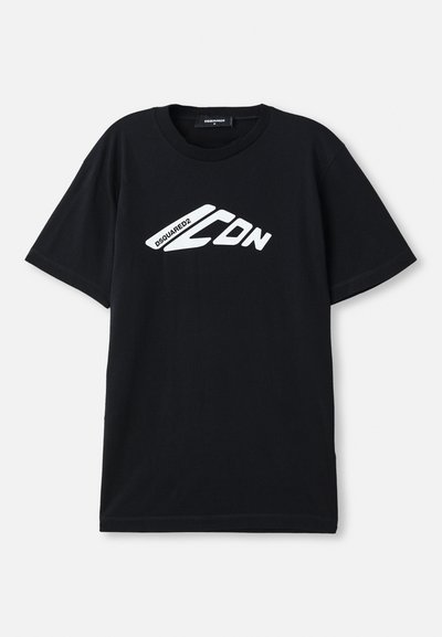 Must must sellel musta värvi T-särk, millel on valge logo kujundus nurgeliste kujude ja tekstiga, ümar kaelus ja lühikesed varrukad.