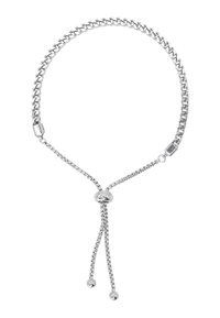 Bracciale in argento con chiusura a cursore, caratterizzato da un design a maglie piatte e due estremità a pallini per una lunghezza regolabile.