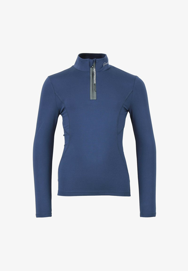 Pullover blu navy a maniche lunghe con colletto a mezza zip, realizzato in un materiale morbido e elastico. Presenta dettagli grigi vicino alla zip e alle cuciture.