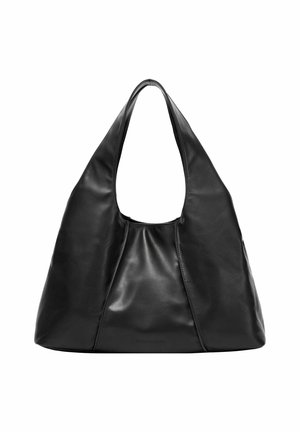 Große schwarze Leder-Hobo-Tasche mit glatter Textur, breitem Schultergurt und gerafftem Design an der Basis, ideal für den täglichen Gebrauch.