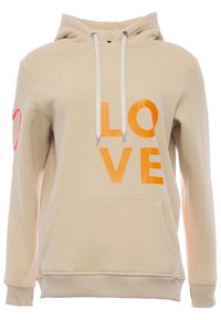 Haut à capuche beige avec "LOVE" imprimé en orange, comportant une poche kangourou, une capuche à cordon avec des embouts de marque, et un détail en forme de cœur rose sur la manche.