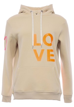 Beige hoodie with "LOVE" printed in orange, featuring a kangaroo pocket, drawstring hood with branded tips, and a pink heart detail on sleeve.