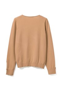 Beżowy sweter dzianinowy z okrągłym dekoltem i długimi rękawami. Posiada prążkowane mankiety oraz gładką teksturę, zaprojektowany z guzikami na rękawach.