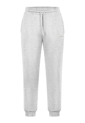 Pantaloni jogger grigio chiaro in morbido tessuto misto cotone, con vita elasticizzata, coulisse e polsini aderenti alle caviglie. Dettaglio con piccolo logo incluso.