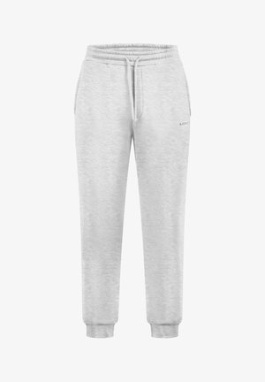 Pantaloni jogger grigio chiaro in morbido tessuto misto cotone, con vita elasticizzata, coulisse e polsini aderenti alle caviglie. Dettaglio con piccolo logo incluso.