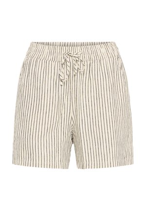 Béžové ľanové šortky s vertikálnymi čiernymi pruhmi, elastickým pásom a predným nastaviteľným sťahovacím remienkom.