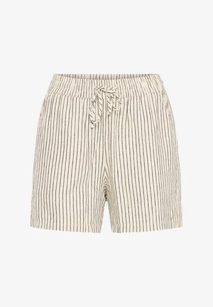 Bézs színű len rövidnadrág függőleges fekete csíkokkal, rugalmas derékrésszel és elöl állítható húzózsinórral.