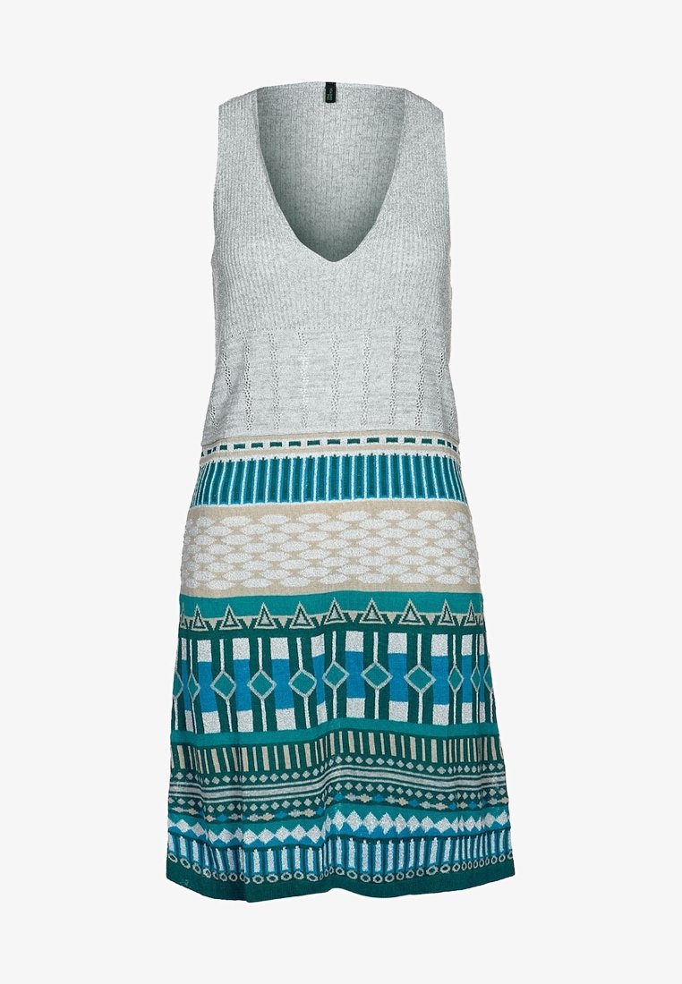 Knitted sleeveless dress with a V-neck, featuring a textured gray top and geometric patterns in teal, cream, and green on the skirt.