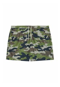 Costumi da bagno camouflage in verde e grigio con vita regolabile e piccoli dettagli floreali gialli su un tessuto liscio e a rapida asciugatura.