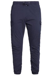 Námorně modré joggingové kalhoty s elastickým pasem a šňůrkou, bočními cargo kapsami a elastickými manžetami.