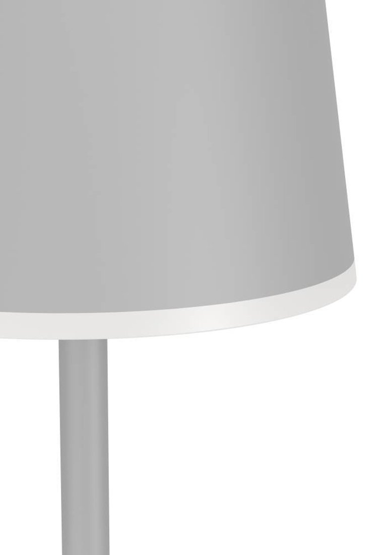 Grauer Lampenschirm mit weißem Rand, montiert auf einem grauen Metallständer. Das Design ist rund und glatt, mit matter Oberfläche.