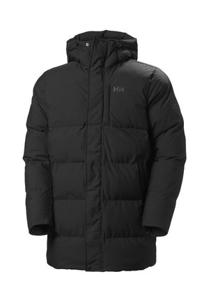Zwart geïsoleerd winterparka voor heren met capuchon, ritssluiting aan de voorkant en HH-logo op de borst, ontworpen voor koud weer.