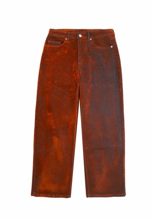 Rostfarbene Jeans aus Denim mit weitem Bein, fünf Taschen und Metallbeschlägen. Glatte Textur mit einem leicht abgetragenen Finish.