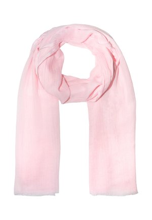 Leichtes, hellrosa Tuch locker geschlungen mit weicher Textur und subtiler Glanz auf weißem Hintergrund.