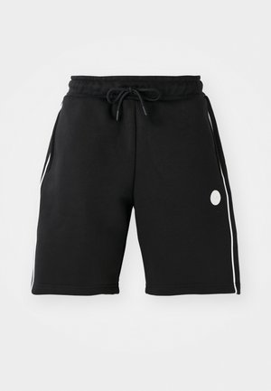 Black sweat shorts with an elastic waistband and adjustable drawstring. Features white side stripes and a circular logo accent.