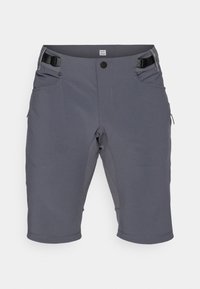 Graue Shorts aus dehnbarem Material, mit Knopfverschluss, verstellbarem Bund und mehreren Seitentaschen. Glatte Textur, knielange Schnittführung.