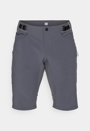 Šedé šortky vyrobené z elastického materiálu, s gombíkovým zapínaním, nastaviteľným pásom a viacerými bočnými vreckami. Hladký povrch, dĺžka po kolená.