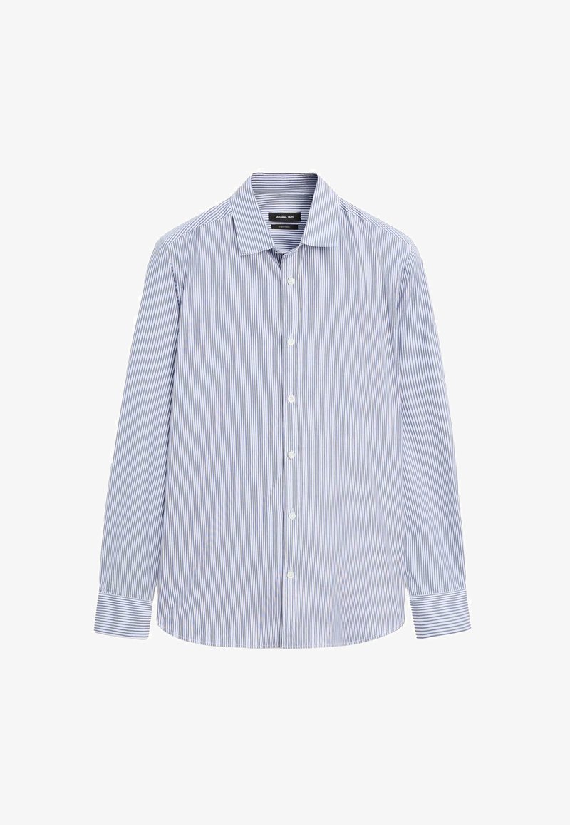 Camicia button-up a strisce azzurro chiaro e bianche, maniche lunghe, colletto classico, realizzata in un morbido tessuto tessuto con orlo curvo.