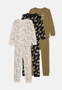 Set aus vier Kinderpyjamas. Mit Dinosaurierdruck in Creme, Marineblau und Olivgrün. Hergestellt aus weichem Stoff, mit langen Ärmeln und passenden Hosen.