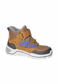 Bota de senderismo marrón y gris con parte superior de textil gris, cordones elásticos azules, correa de Velcro y suela de goma blanca. Forro suave para mayor comodidad.