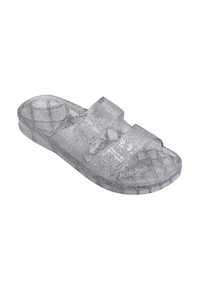 Sandale à glissière en glitter transparent avec deux sangles ajustables et une semelle intérieure texturée. Matériau en caoutchouc lisse avec une semelle plate.