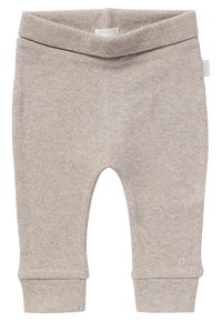 Beige gerippte Baby-Leggings mit einem gefalteten Taillenbund, elastischen Bündchen und einem dekorativen Logo am Unterschenkel. Hergestellt aus weichem, dehnbarem Material.