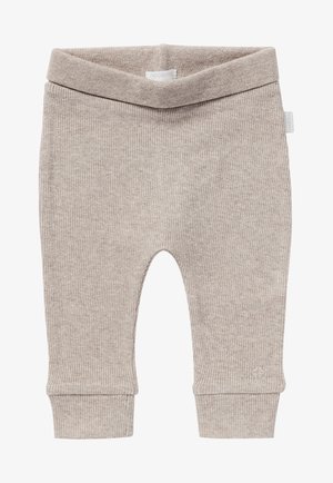 Beżowe niemowlęce legginsy w prążki z zagiętym paskiem w talii, elastycznymi mankietami i dekoracyjnym logo na dolnej części nogawki. Wykonane z miękkiej, elastycznej tkaniny.