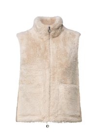 Gilet in finta pelliccia color crema con colletto alto, zip frontale, due tasche frontali e cordoncino all'orlo per una vestibilità regolabile.