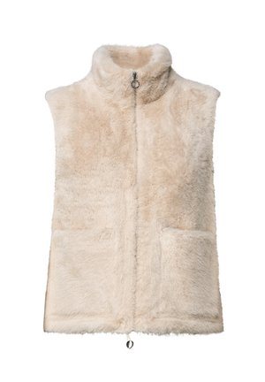 Gilet en fausse fourrure crème avec col haut, fermeture éclair devant, deux poches avant et un cordon de serrage à l'ourlet pour un ajustement personnalisable.