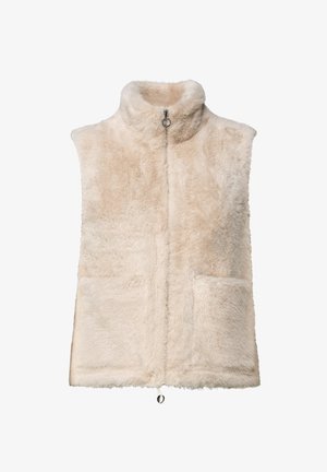 Cremefarbene Fake-Fur-Weste mit hohem Kragen, Front-Reißverschluss, zwei Vorderaschen und einem Kordelzug am Saum für eine verstellbare Passform.