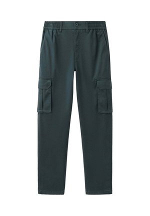 Pantalones cargo gris oscuro de pierna recta con cintura elástica, botón frontal y dos bolsillos con solapa en los muslos sobre fondo blanco.