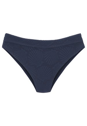 Marineblaue Bikinihose mit strukturiertem Muschelmuster, mittelhohem Bund und glattem Stoff. Verfügt über einen klassischen Schnitt mit minimaler Bedeckung.