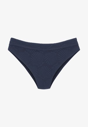 Marineblaue Bikinihose mit strukturiertem Muschelmuster, mittelhohem Bund und glattem Stoff. Verfügt über einen klassischen Schnitt mit minimaler Bedeckung.