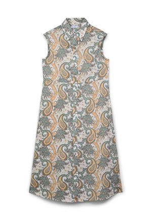 Abito senza maniche con colletto, caratterizzato da un motivo paisley in verde, arancione e grigio su uno sfondo bianco. Chiusura frontale con bottoni.