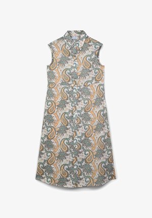 Abito senza maniche con colletto, caratterizzato da un motivo paisley in verde, arancione e grigio su uno sfondo bianco. Chiusura frontale con bottoni.