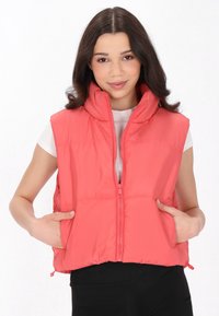 Gilet imbottito corallo con colletto alto e zip frontale; presenta tasche laterali e un design cropped. Realizzato in nylon morbido e leggero.