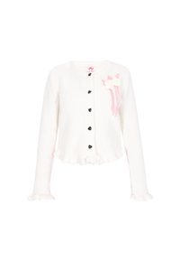 Cardigan bianco a coste con bottoni neri a forma di cuore, nastro a quadri rosa, applicazione floreale bianca sul petto e polsini e orlo a balze.