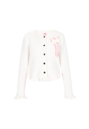 Weißer gerippter Cardigan mit herzförmigen schwarzen Knöpfen, rosa Gingham-Band, weißen Blumenapplikationen auf der Brust und Rüschen an den Bündchen und dem Saum.
