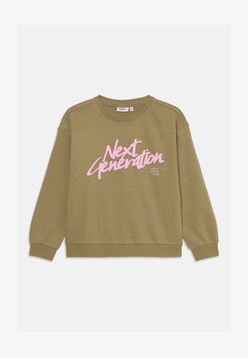 Ελαιώδους πράσινου φούτερ από μείγμα βαμβακιού, με ροζ γραφικό "Next Generation" μπροστά, και ριπ κορυφές και στρίφωμα.