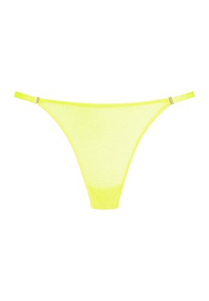 Neon yellow thong made from sheer fabric. Features adjustable side straps and minimal coverage design with a smooth texture.