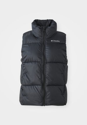 Czarna kamizelka puchowa z wysokim kołnierzem, zamkiem z przodu i bocznymi kieszeniami. Teksturowany, pikowany design z logo Columbia na ramieniu.